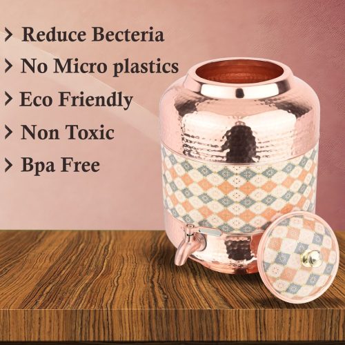 Copper Water Dispenser Hammered Carved Matka 11 Litre Container Pot with Royal Gold Design