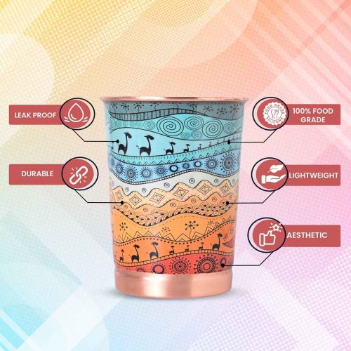 Decorative India Printed Copper Drinking Glass with Multicolor Design Set of 6